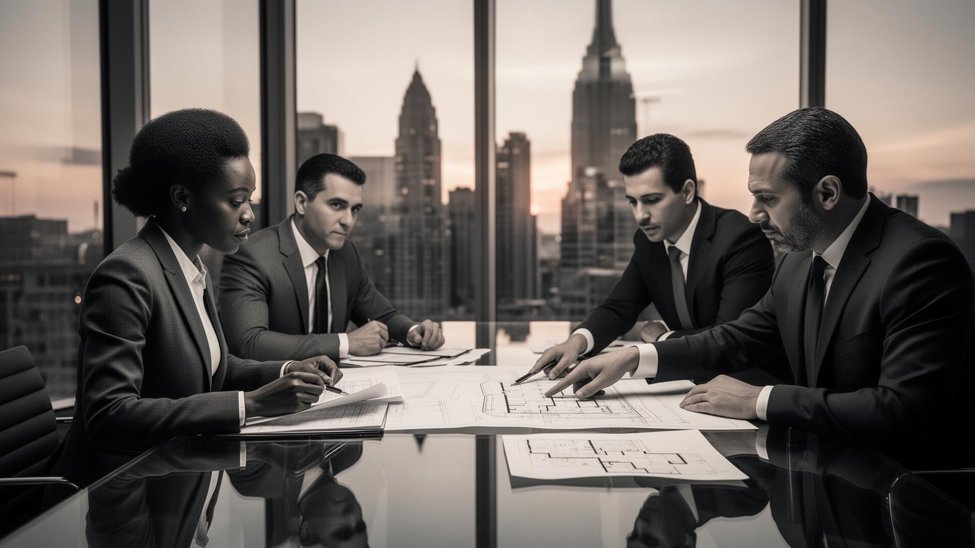 Diverse team of professionals reviewing a real estate deal at a closing table